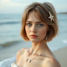 A young woman with sand brown short hair and bright green eyes stands gracefully