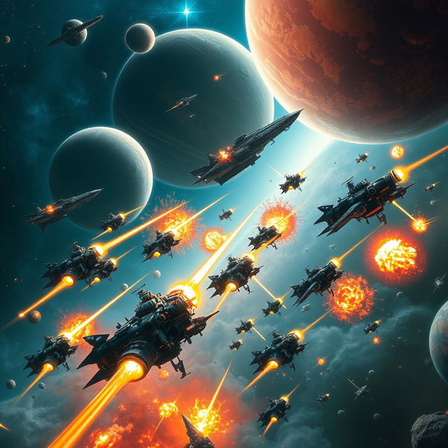 An epic cosmic battle scene showcasing a Warhammer-style fleet of warships engaged in fierce combat among dramatically rendered planets