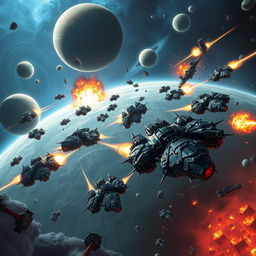 An epic cosmic battle scene showcasing a Warhammer-style fleet of warships engaged in fierce combat among dramatically rendered planets