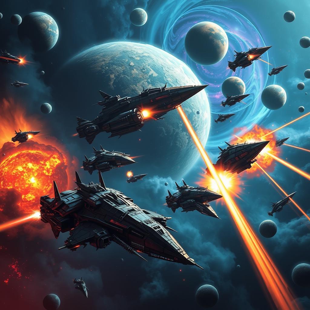 An epic cosmic battle scene showcasing a Warhammer-style fleet of warships engaged in fierce combat among dramatically rendered planets