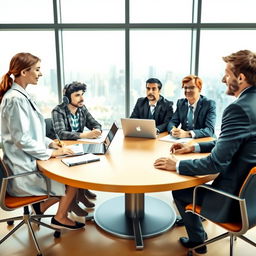 A scene depicting a diverse group of young professionals sitting around a large, round table engaged in conversation
