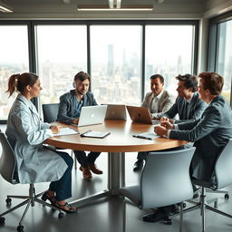 A scene depicting a diverse group of young professionals sitting around a large, round table engaged in conversation