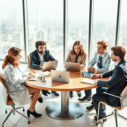 A scene depicting a diverse group of young professionals sitting around a large, round table engaged in conversation