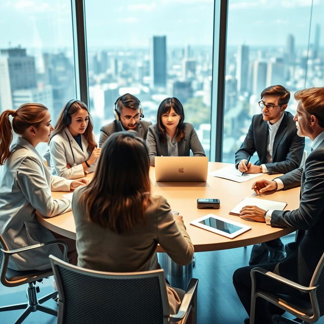 A scene depicting a diverse group of young professionals sitting around a large, round table engaged in conversation