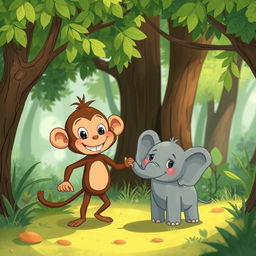 In a vibrant forest setting, a delightful scene unfolds featuring a cute brown monkey and an adorable small gray elephant holding hands in a charming display of friendship