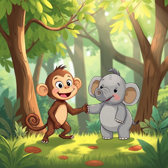 In a vibrant forest setting, a delightful scene unfolds featuring a cute brown monkey and an adorable small gray elephant holding hands in a charming display of friendship