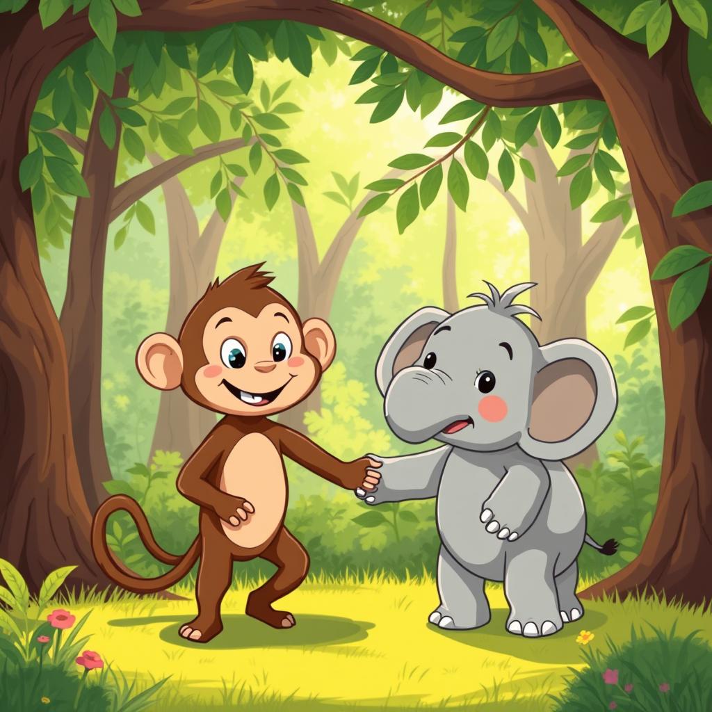 In a vibrant forest setting, a delightful scene unfolds featuring a cute brown monkey and an adorable small gray elephant holding hands in a charming display of friendship