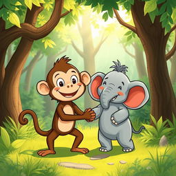 In a vibrant forest setting, a delightful scene unfolds featuring a cute brown monkey and an adorable small gray elephant holding hands in a charming display of friendship