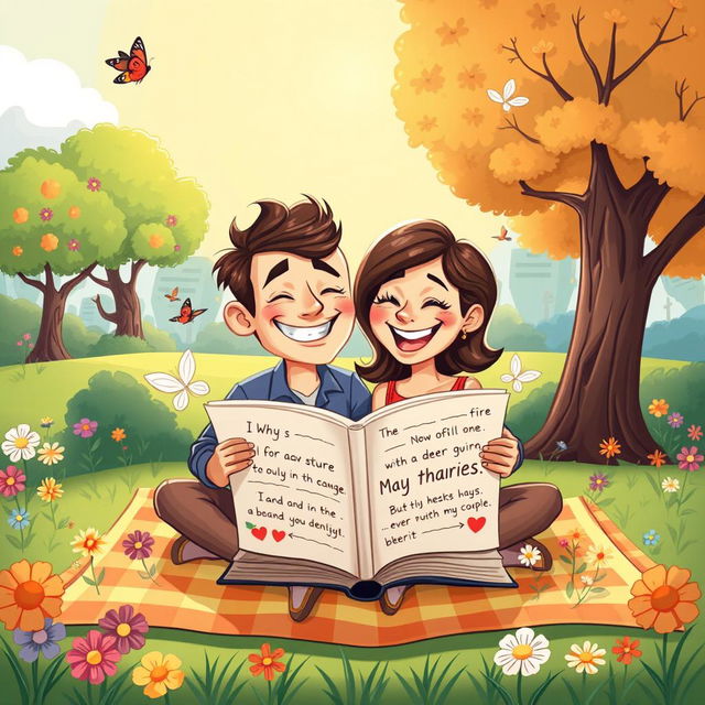 A whimsical cartoon illustration of a couple deeply in love, embodying a sense of adventure and gratitude