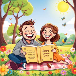 A whimsical cartoon illustration of a couple deeply in love, embodying a sense of adventure and gratitude