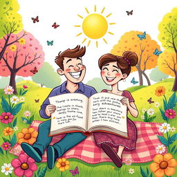A whimsical cartoon illustration of a couple deeply in love, embodying a sense of adventure and gratitude