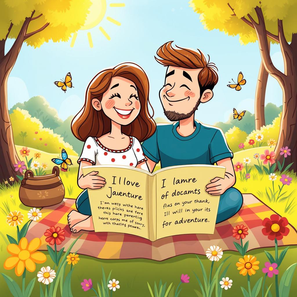 A whimsical cartoon illustration of a couple deeply in love, embodying a sense of adventure and gratitude