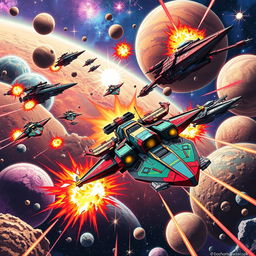 An exhilarating anime-style depiction of a Warhammer-inspired fleet of warships engaged in intense battle amongst vividly colorful planets