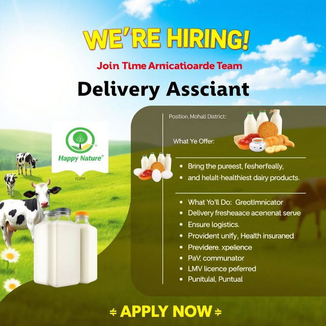 A vibrant and inviting recruitment poster for a part-time Delivery Associate position at Happy Nature in Mohali District