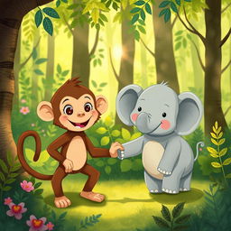 In a lush, colorful forest setting, a delightful scene features a cute brown monkey and an adorable small gray elephant holding hands, symbolizing their sweet friendship