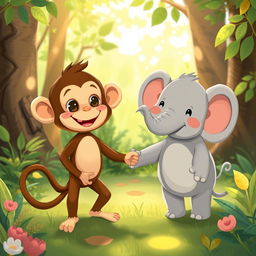 In a lush, colorful forest setting, a delightful scene features a cute brown monkey and an adorable small gray elephant holding hands, symbolizing their sweet friendship