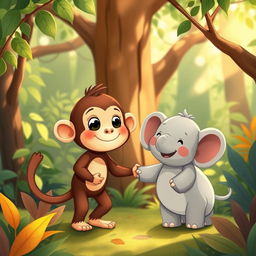 In a lush, colorful forest setting, a delightful scene features a cute brown monkey and an adorable small gray elephant holding hands, symbolizing their sweet friendship