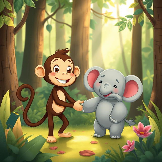 In a lush, colorful forest setting, a delightful scene features a cute brown monkey and an adorable small gray elephant holding hands, symbolizing their sweet friendship