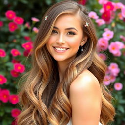 A beautiful hairstyle featuring long, flowing hair with soft, cascading waves