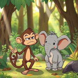 In a colorful forest scene, a cute brown monkey and an adorable small gray elephant are having a playful argument, with both animals displaying expressive, exaggerated features in a charming and humorous manner