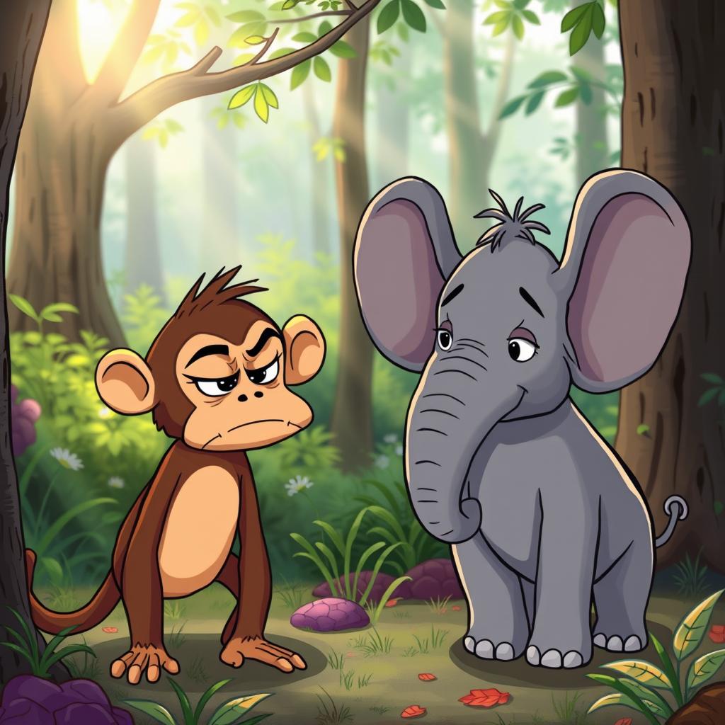 In a colorful forest scene, a cute brown monkey and an adorable small gray elephant are having a playful argument, with both animals displaying expressive, exaggerated features in a charming and humorous manner