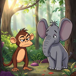 In a colorful forest scene, a cute brown monkey and an adorable small gray elephant are having a playful argument, with both animals displaying expressive, exaggerated features in a charming and humorous manner