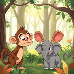 In a colorful forest scene, a cute brown monkey and an adorable small gray elephant are having a playful argument, with both animals displaying expressive, exaggerated features in a charming and humorous manner
