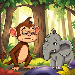 In a colorful forest scene, a cute brown monkey and an adorable small gray elephant are having a playful argument, with both animals displaying expressive, exaggerated features in a charming and humorous manner
