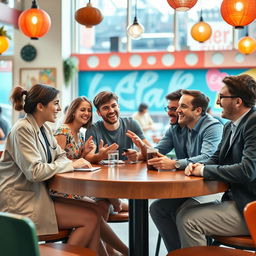 A joyful reunion scene of five 18-year-olds sitting around a large, round table in a vibrant café