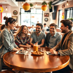 A joyful reunion scene of five 18-year-olds sitting around a large, round table in a vibrant café