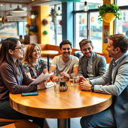 A joyful reunion scene of five 18-year-olds sitting around a large, round table in a vibrant café