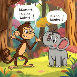 In a lively forest scene, a cute brown monkey and an adorable small gray elephant are playfully blaming each other in a humorous argument