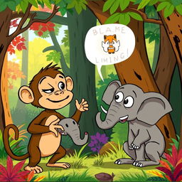 In a lively forest scene, a cute brown monkey and an adorable small gray elephant are playfully blaming each other in a humorous argument