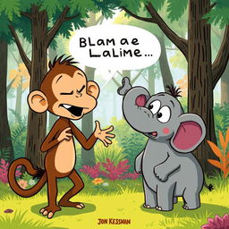In a lively forest scene, a cute brown monkey and an adorable small gray elephant are playfully blaming each other in a humorous argument