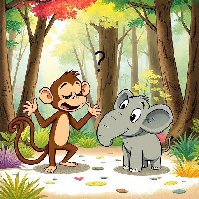 In a lively forest scene, a cute brown monkey and an adorable small gray elephant are playfully blaming each other in a humorous argument