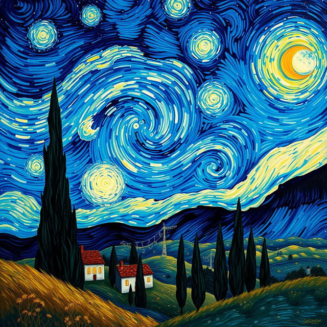 A breathtaking reinterpretation of Van Gogh's 'Starry Night' featuring a swirling sky filled with vibrant, luminous stars and a bright crescent moon, casting a mystical glow over a quaint village with cypress trees