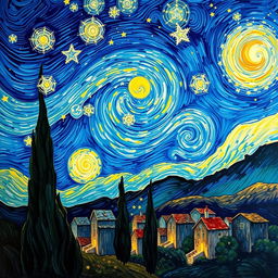 A breathtaking reinterpretation of Van Gogh's 'Starry Night' featuring a swirling sky filled with vibrant, luminous stars and a bright crescent moon, casting a mystical glow over a quaint village with cypress trees
