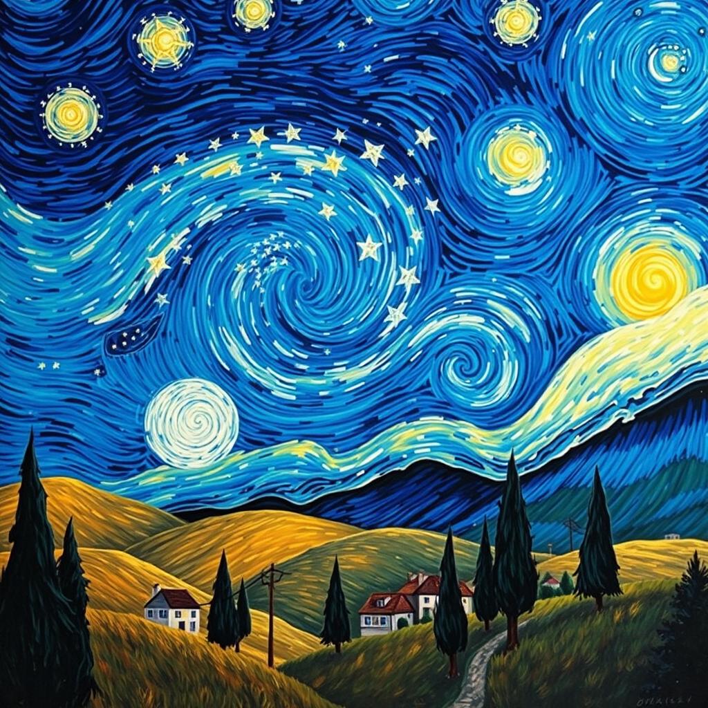 A breathtaking reinterpretation of Van Gogh's 'Starry Night' featuring a swirling sky filled with vibrant, luminous stars and a bright crescent moon, casting a mystical glow over a quaint village with cypress trees