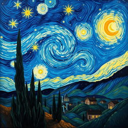 A breathtaking reinterpretation of Van Gogh's 'Starry Night' featuring a swirling sky filled with vibrant, luminous stars and a bright crescent moon, casting a mystical glow over a quaint village with cypress trees