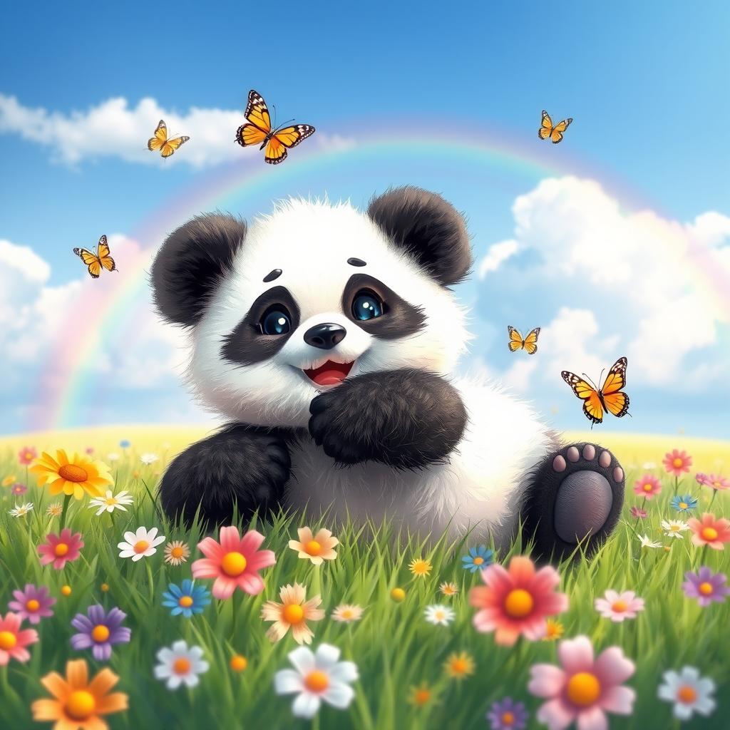 A cute, fluffy animal, like a baby panda, playfully rolling around on a grassy field filled with colorful flowers