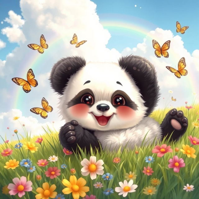 A cute, fluffy animal, like a baby panda, playfully rolling around on a grassy field filled with colorful flowers