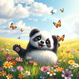 A cute, fluffy animal, like a baby panda, playfully rolling around on a grassy field filled with colorful flowers