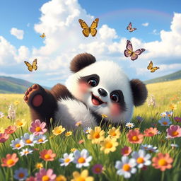A cute, fluffy animal, like a baby panda, playfully rolling around on a grassy field filled with colorful flowers