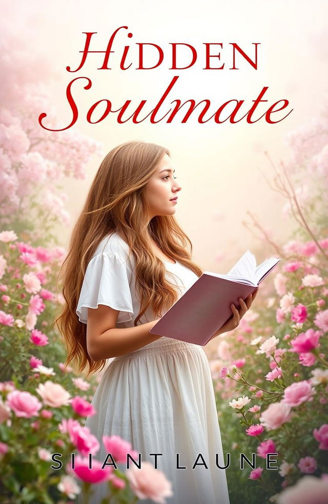 A book cover design for 'Hidden Soulmate', featuring a young woman with long flowing hair, lost in thought while standing in a beautiful tranquil garden filled with blooming flowers