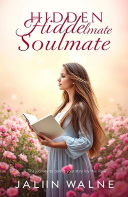 A book cover design for 'Hidden Soulmate', featuring a young woman with long flowing hair, lost in thought while standing in a beautiful tranquil garden filled with blooming flowers