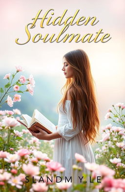 A book cover design for 'Hidden Soulmate', featuring a young woman with long flowing hair, lost in thought while standing in a beautiful tranquil garden filled with blooming flowers