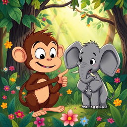 In a vibrant forest setting, a charming brown monkey and an adorable small gray elephant are playfully blaming each other in a lighthearted argument