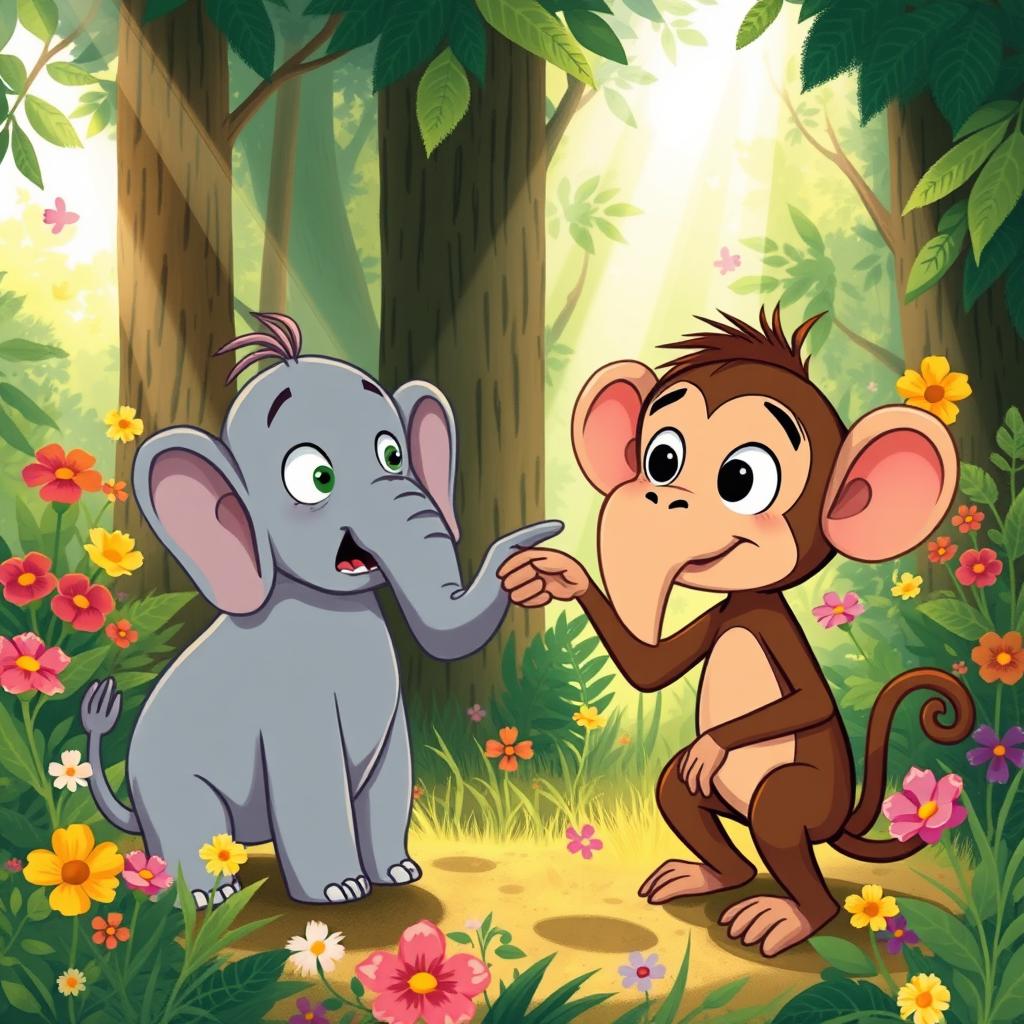 In a vibrant forest setting, a charming brown monkey and an adorable small gray elephant are playfully blaming each other in a lighthearted argument