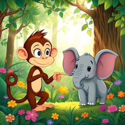 In a vibrant forest setting, a charming brown monkey and an adorable small gray elephant are playfully blaming each other in a lighthearted argument