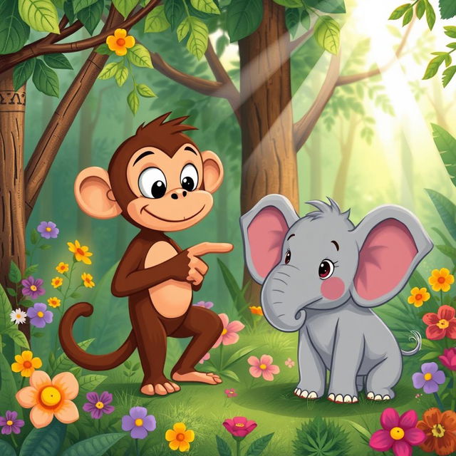 In a vibrant forest setting, a charming brown monkey and an adorable small gray elephant are playfully blaming each other in a lighthearted argument